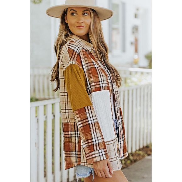 Azura Exchange  Orange Plaid Color Block Patchwork Shirt Jacket with Pocket - Picture 3 of 15